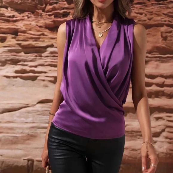 Luxe Satin Overlap Sleeveless Blouse - Picture 8 of 11